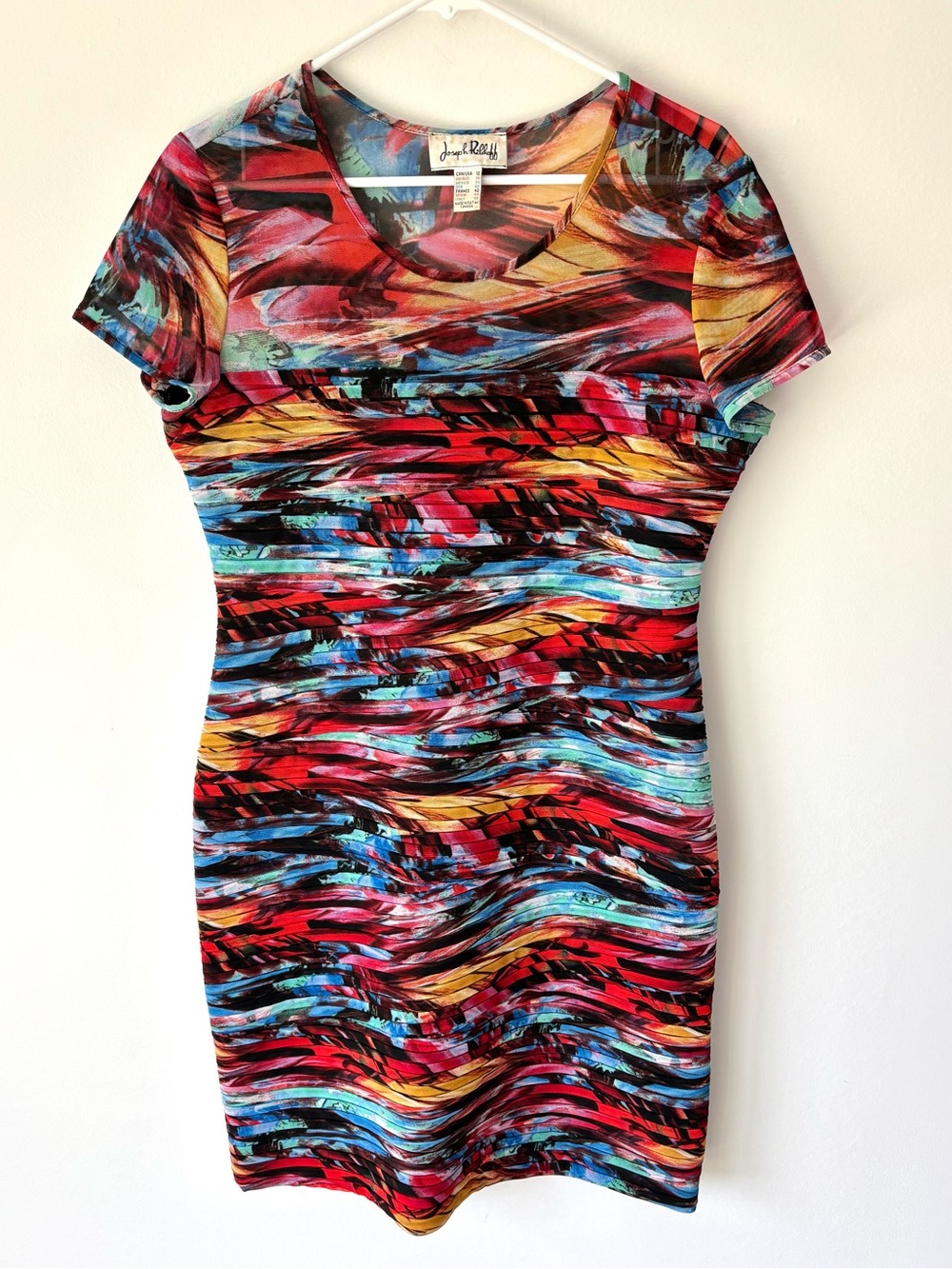 Joseph Ribkoff Short Sleeve Formal Mini Dress Multicolored Abstract Mesh Bandage